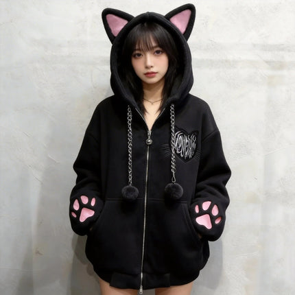 Cute Cat Ear Velvet Hoodies Women Cat Claw Long Sleeve Coat Black Harajuku Y2k 2000s Punk Rock Goth Sweetheart Women Jackets