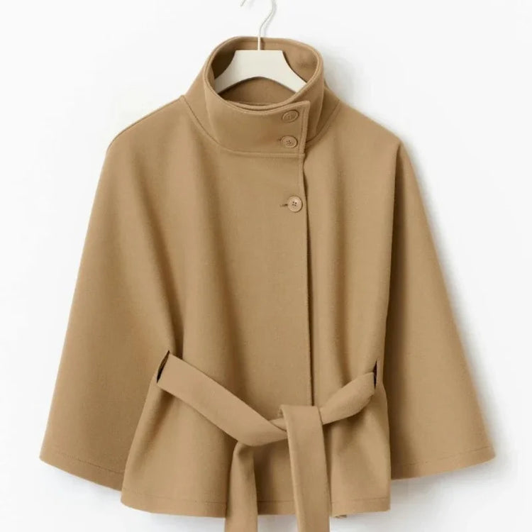 Stand Collar Lace Up blend fiber Coat Women's Fashion Long Batwing Sleeve Solid Single Breasted Cape Coat Autumn Winter Outfits
