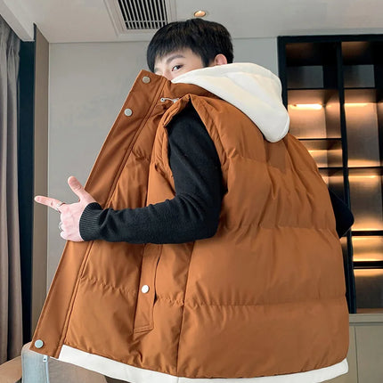 Men Windproof Hooded Vest Men Jacket Sleeveless Vest Winter Jacket Casual Coat Men Down Cotton Warm Thicken Waistcoat Thick Coat