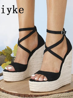 Liyke Taglia 35-42 Sandali con zeppa con plateau Moda sexy Fondo spesso Open Toe Cinturino con fibbia Nero Tacchi alti Scarpe da donna Estate 2026