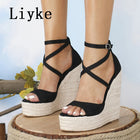 Liyke Taglia 35-42 Sandali con zeppa con plateau Moda sexy Fondo spesso Open Toe Cinturino con fibbia Nero Tacchi alti Scarpe da donna Estate 2026