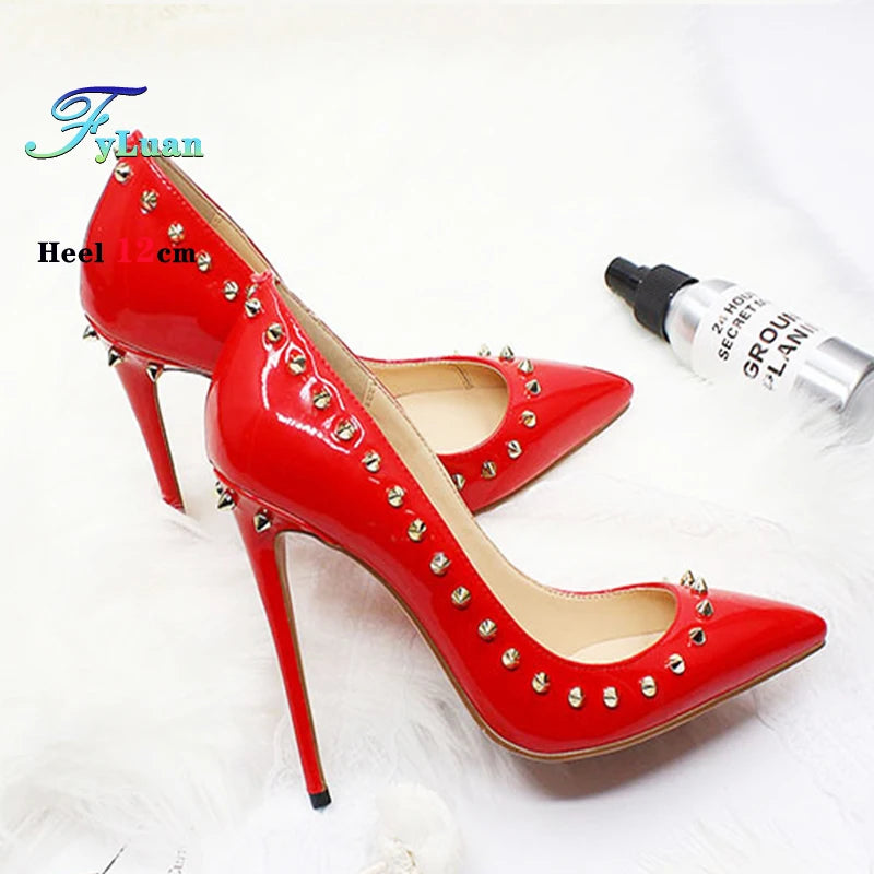 Women 12CM Stiletto Fashion Rivet High Heels Black Red Shallow Mouth Single Shoes Club Party Female Pointy Pumps Plus Size 34-45