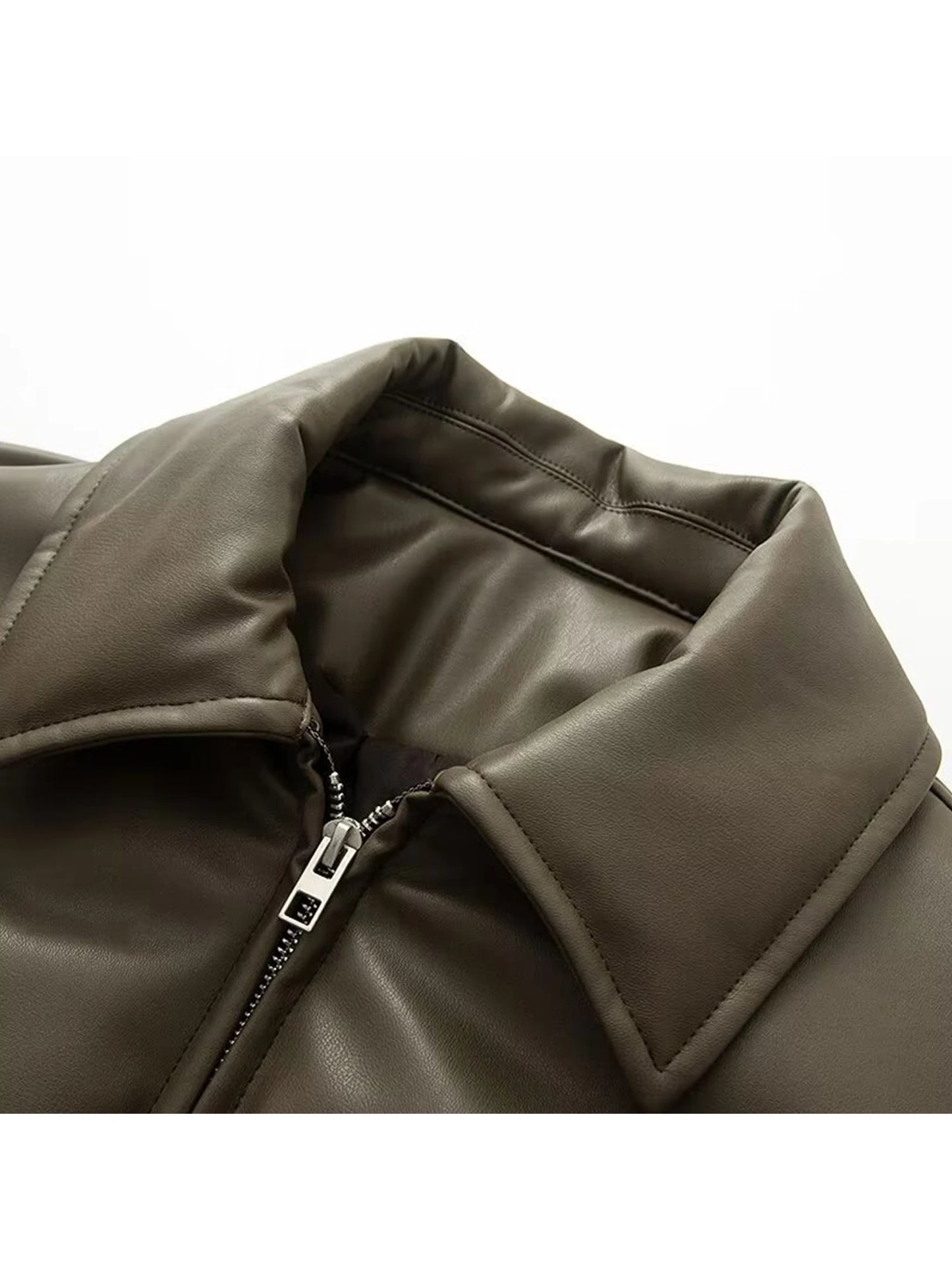 Women Green Leather Cropped Jacket Coat Vintage Streetwear Motorcycle Mustang Jacket 2000s Vintage Warm Thicke Outerwear Autumn