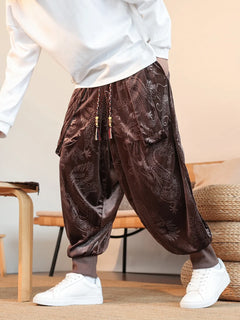 Pantaloni da uomo stile cinese retrò allentato drago scuro stampa pantaloni a gamba larga Kung Fu Tai Chi pantaloni casual tradizionali taglie forti 5XL