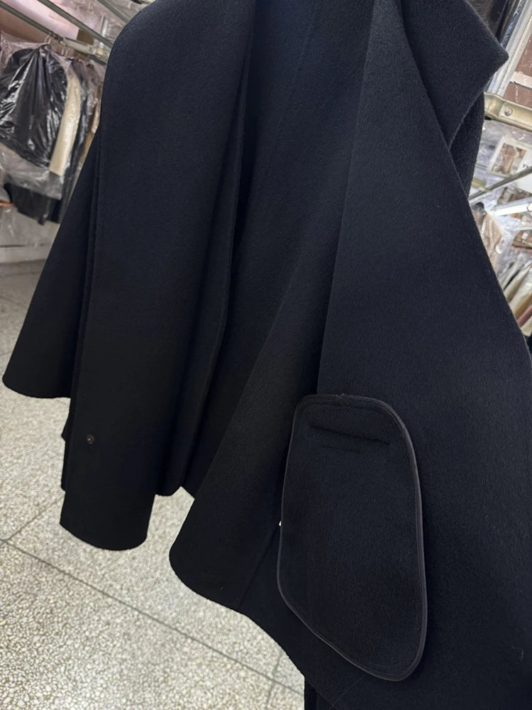 Scarf Collar 100%Wool Coat Women, Korean Fashion Elegant Outerwear, Loose Autumn Winter Jacket