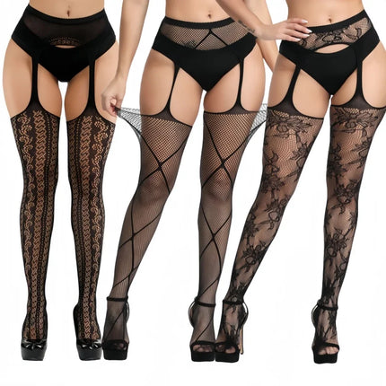 Calze a rete sexy da donna da 3 pezzi Collant con reggicalze alti fino alla coscia con reggicalze Design con motivo scavato per uso occasionale