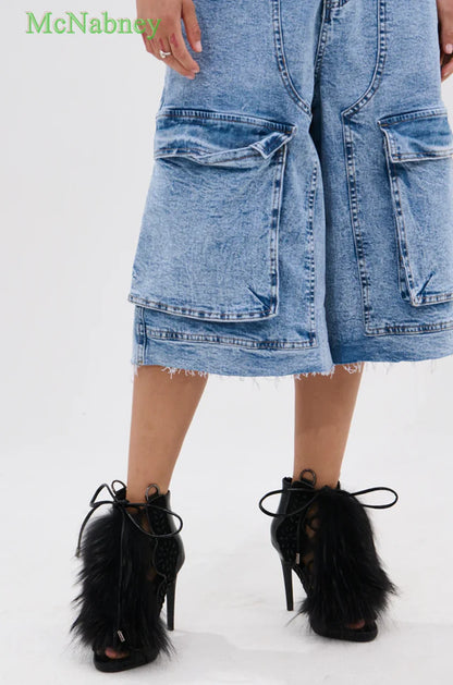 Faux Fur Trim Women Sandals Almond Peep Toe Ankle-High Shaft Thin High Heels Women Stilettos Summer Sexy Shoes Luxury 2025 New