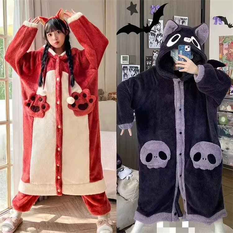 Cartoon Animal Fox Pajamas Women's Winter Coral Fleece Thickened One-Piece Plush Cute Long Hooded Plus Size Robe Home Wear