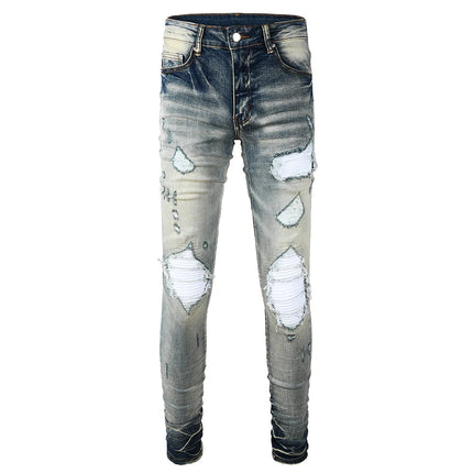 Men Pale Light Blue Biker Jeans Cracked Pleated Patch Patchwork Stretch Denim Pants Streetwear Holes Ripped Skinny Trousers PlatiNum