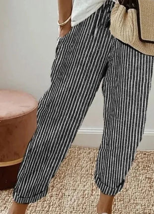 Pantaloni casual con coulisse in vita elastica stampata a righe larghe alla moda da donna europea e americana transfrontaliera estiva platinumshop