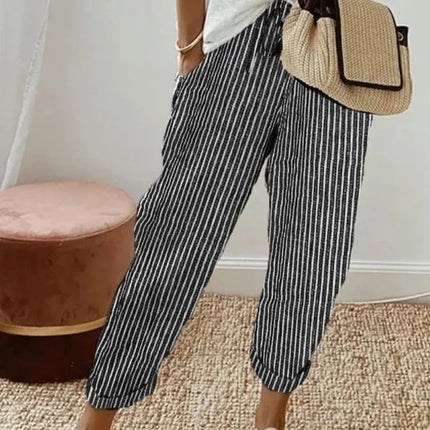 Pantaloni casual con coulisse in vita elastica stampata a righe larghe alla moda da donna europea e americana transfrontaliera estiva platinumshop