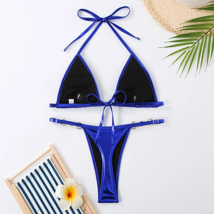 Micro Bikini Rosa Lucido da Donna, Sexy con Perle in PU, Push-Up, Perizoma, Costume da Bagno Estivo, con Lacci, per Vacanze PlatiNum