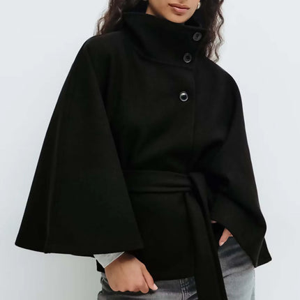 Women Lace Up High Neck Jackets for Women with Belt Elegant Windbreaker Faux Wool Blends Cape Korean Solid Windbreaker Cloak