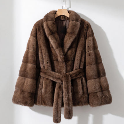 IG 2026 Women Stand Collar Belted Waist Faux Mink Fur Jacket Loose Long Sleeve Luxury Elegant Winter Party Daily Outer Coat