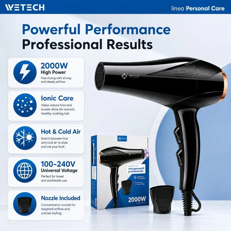 Professional 2000W Ionic Hair Dryer 100‑240V Universal Voltage Blow Dryer Fast Drying With Nozzle Hot Cold Air For Home Salon Hair Styling