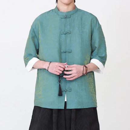 Camicia da Uomo di Lusso con Sfumature Colorate, Jacquard a Maniche Corte, Stile Cinese Tradizionale, Fresca per l'Estate, in Seta Ghiaccio