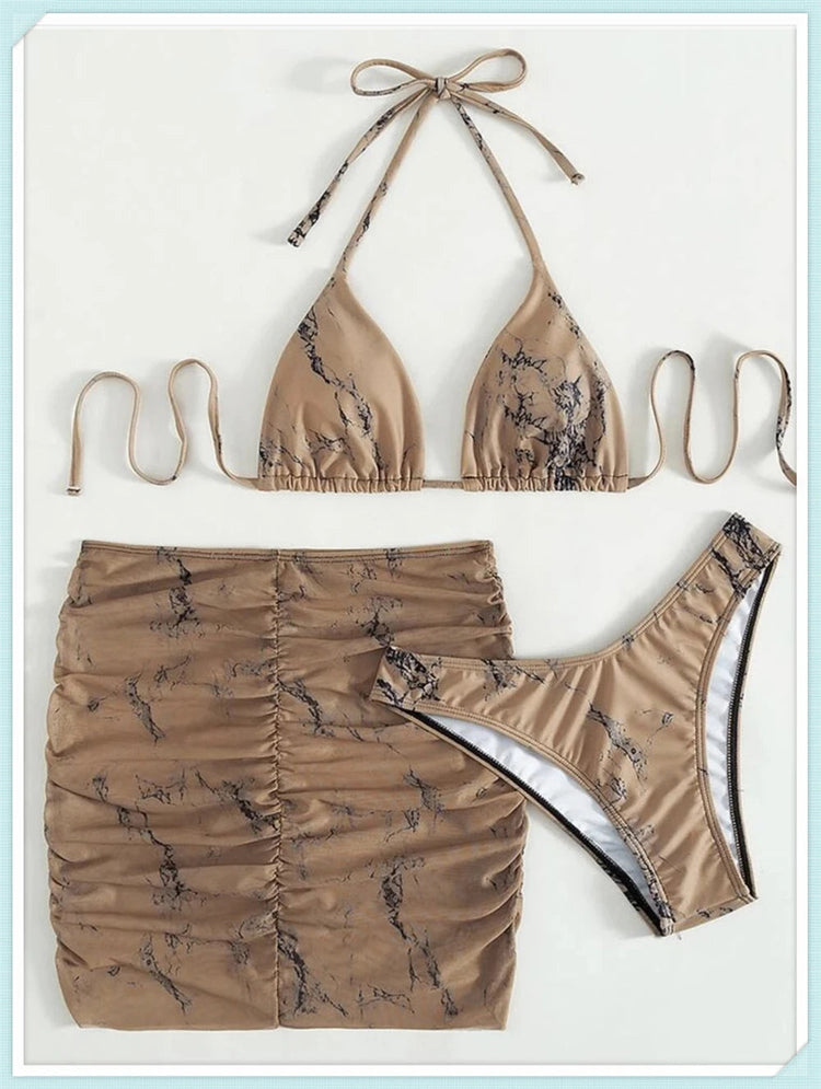 3 pezzi perizoma Bikini con gonna marmo texture costume da bagno donna costume da bagno Set costumi da bagno femminili abbigliamento da spiaggia nuoto estate platinumshop
