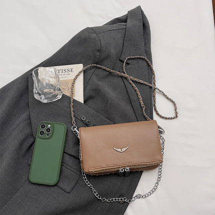 Luxury Crossbody Bag Solid Color PU Wing Logo Design Lightweight Magnetic Adjustable Chain Strap Handbag for Travel Commute PlatiNum