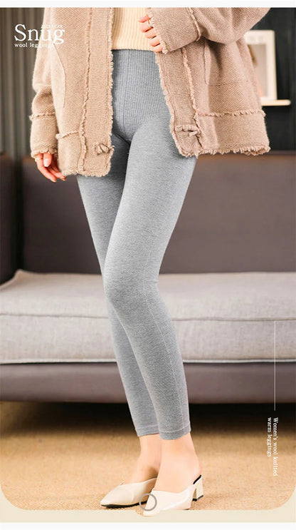 Adult Winter Thermal Thickened High-Waist Wool Leggings Pure Wool Base Layer Knit Pants Thigh-High Tights for Autumn