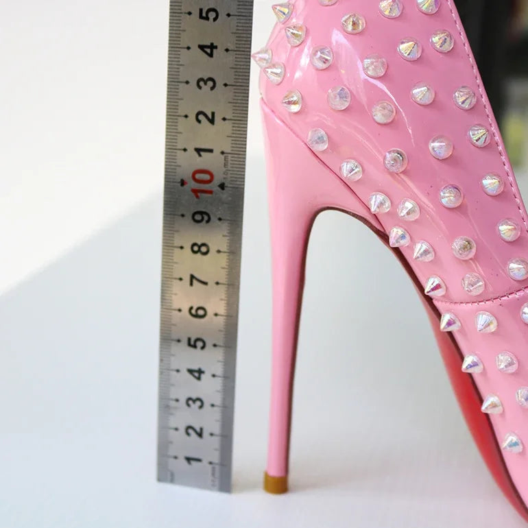 2025 new rivet high heels for women, 12CM pointed shallow mouth single shoes, socialite banquet shoes