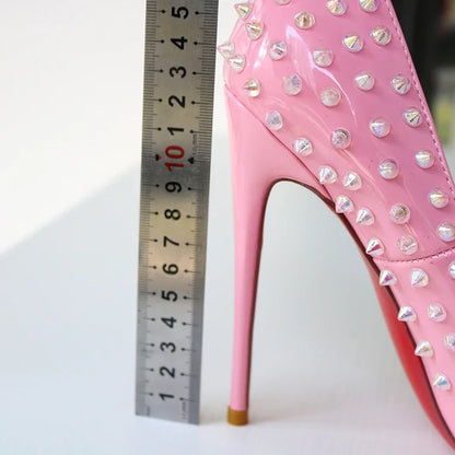 2025 new rivet high heels for women, 12CM pointed shallow mouth single shoes, socialite banquet shoes