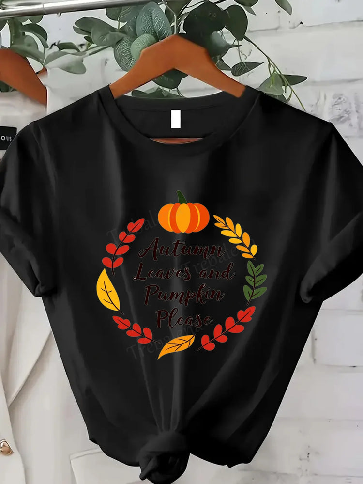 Comoda maglietta con stampa da donna Breathe in the Autumn Air T-shirt floreale da donna, stile stagione autunnale