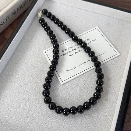 Collana con perline in vetro nero da 6, 8, 10 mm Minar Simple per donna, girocollo con chiusura a T placcata argento, pendenti PlatiNum