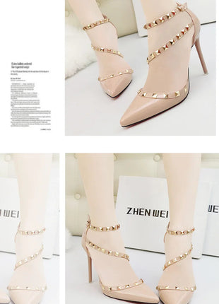Scarpe tacco alto da donna estive in Europa e America Moda punta a punta bocca superficiale rivetto scava fuori sandali a spillo da discoteca platinumshop