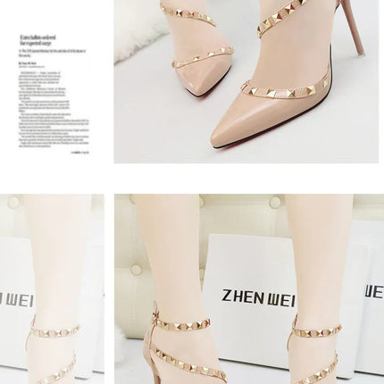 Scarpe tacco alto da donna estive in Europa e America Moda punta a punta bocca superficiale rivetto scava fuori sandali a spillo da discoteca platinumshop
