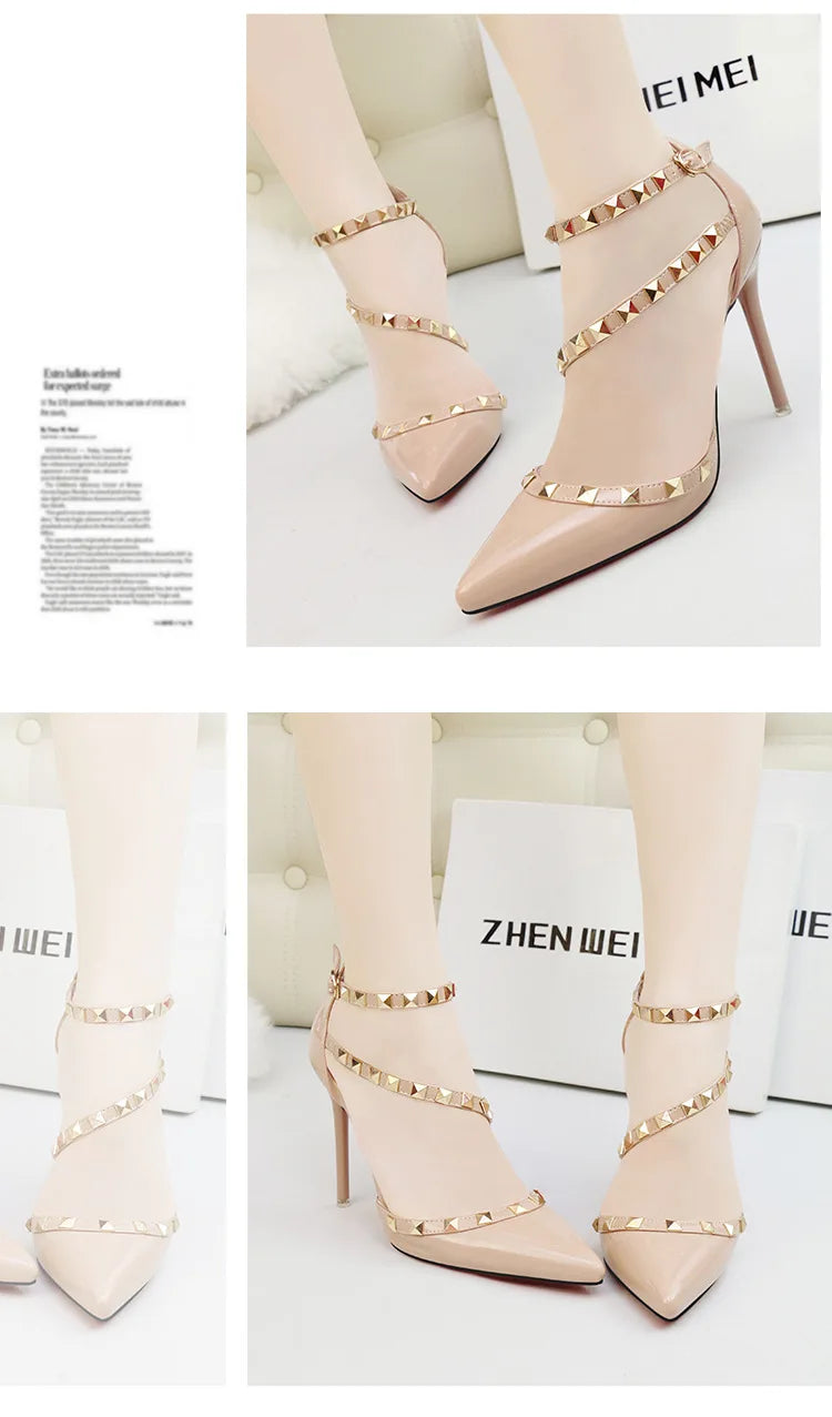 Scarpe tacco alto da donna estive in Europa e America Moda punta a punta bocca superficiale rivetto scava fuori sandali a spillo da discoteca platinumshop