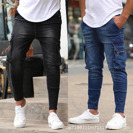 Street Elastic Jeans Men Denim Cargo Pants Wash Solid Color Multi Pockets Casual Mid Waist Trousers Slim Fit Daily Wear Joggers PlatiNum