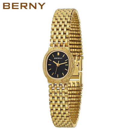 BERNY Orologio al quarzo da donna Cinturino in acciaio inossidabile dorato Orologio da polso ellittico di lusso Orologio da donna semplice retrò impermeabile platinumshop