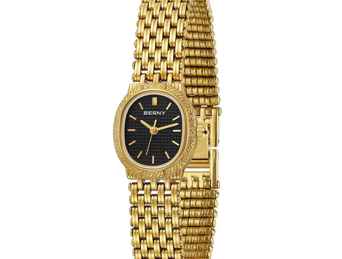 BERNY Orologio al quarzo da donna Cinturino in acciaio inossidabile dorato Orologio da polso ellittico di lusso Orologio da donna semplice retrò impermeabile platinumshop