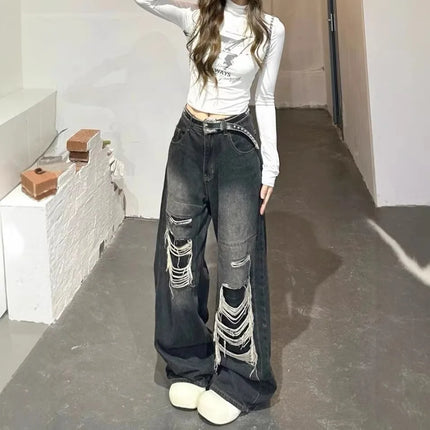 Jeans Neri Gotici Y2K Strappati da Donna, Pantaloni Larghi in Denim Estetici, Jeans Oversize Stile Harajuku, Abbigliamento Vintage Anni 2000
