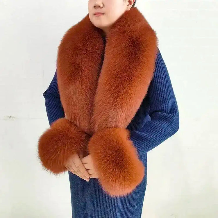 Real Fur Collar And Cuffs Set Winter Coat Accessories Women Fluffy Large Fur Shawl Neak Warm Fox Fur Scarf Furry Scarves Female