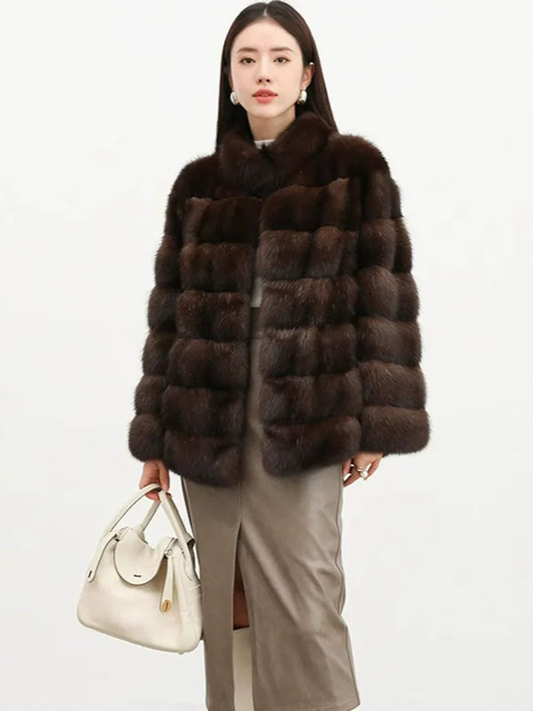 ZADORIN Luxury Winter Mink Coat Woman Stand Collar Long Brown Faux Fur Coat Woman Chic Warm Fluffy Jacket Fur Faux Coats Jackets