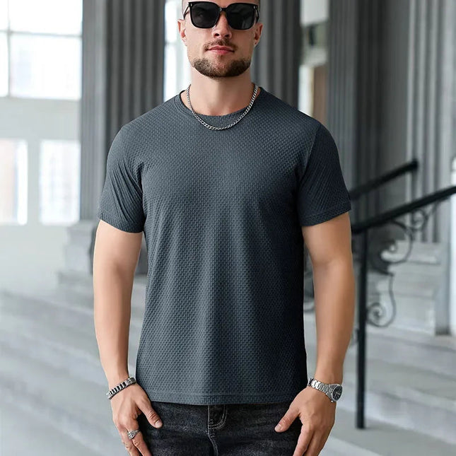 2025 New Men's Casual Short Sleeved Bone Flower Solid Color O-neck T-shirt Fashion Breathable Comfortable Summer Versatile Top PlatiNum