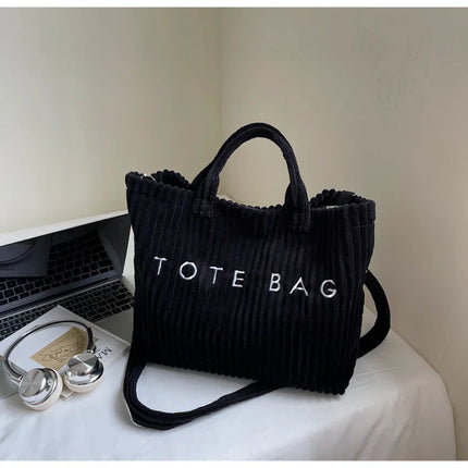 Large Capacity Striped Velvet Handbag Shoulder Bag for Woman Handbags Crossbody Bags, Versatile Letter Corduroy Women's Tote Bag PlatiNum
