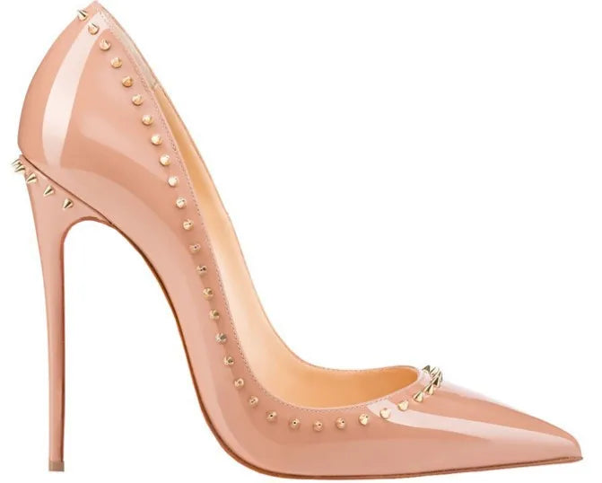 Women 12CM Stiletto Fashion Rivet High Heels Black Red Shallow Mouth Single Shoes Club Party Female Pointy Pumps Plus Size 34-45