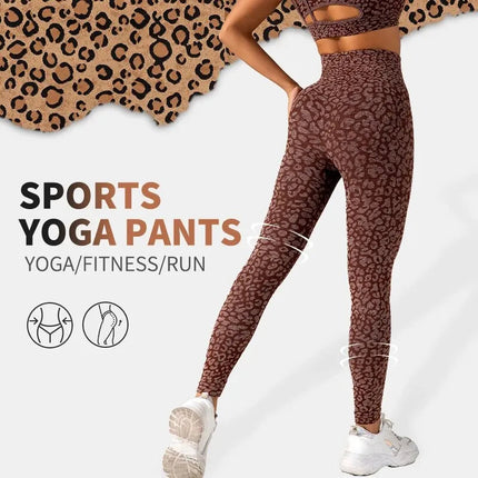 Women's Seamless Leopard Print Yoga Pants with Hip Lifting and High Waist Fitness Pants with High Elasticity PlatiNum