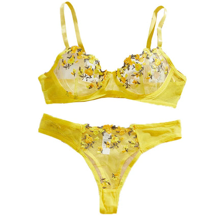 Embroidery Women's Transparent Mesh Underwear Two-piece Bra And Panties Sets