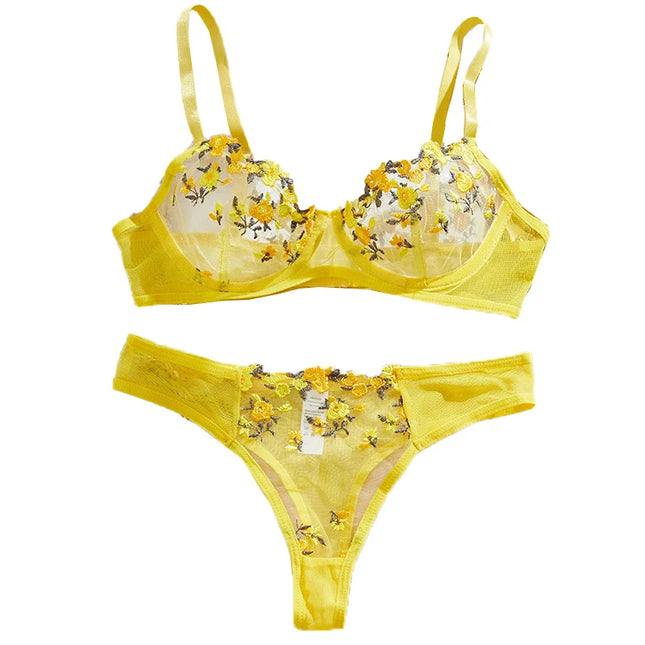 Embroidery Women's Transparent Mesh Underwear Two-piece Bra And Panties Sets