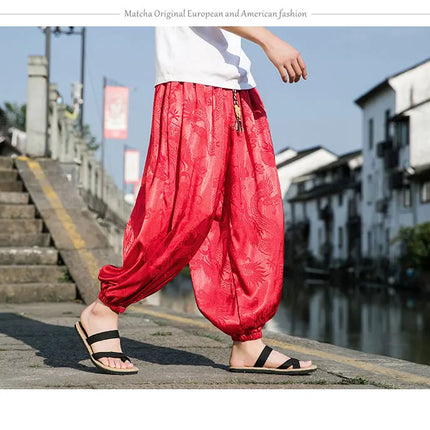 Vendite calde Pantaloni Da Uomo 2024 Nuovo Drago di Seta del Ghiaccio Fiore Scuro Bloomers Moda Allentata Gamba Larga Casual di Alta Qualità Pantaloni Maschili di Marca