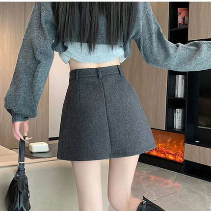 Gidyq Women Wool Mini Skirt Casual Korean Female High Waist Pleated Skirt Harajuku Fashion Streetwear Thick A Line Skirts New PlatiNum