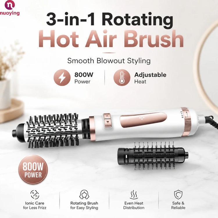 New 3 in 1 Rotating Hot Air Brush, 800W Professional Hair Dryer Brush with 2 Curling Rollers, Adjustable Temperature & Speed Bi-Directional Rotation Styling Tool