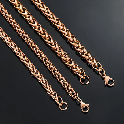 3mm/4mm/5mm/6mm/7mm Rose Gold Color Stainless Steel Wheat Braided Necklace Link Classic Curb Chain for Men Women Jewelry PlatiNum
