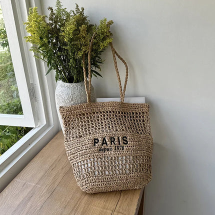Hylhexyr Women's Letter Embroidered Shoulder Bag Woven Straw Bag Large Capacity Empty Holiday Beach Bags