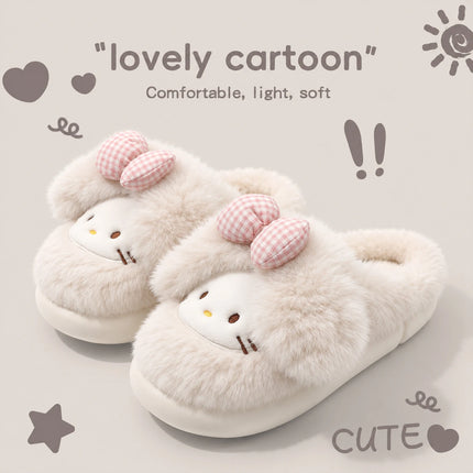 2026 Cute Bow Cat Cartoon Plush Slippers Women Men Winter Warm Thick Sole House Shoes Indoor Fuzzy Comfortable Soft Home Slides