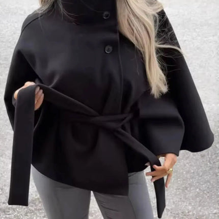 SMVP 2026 New Lace Up High Neck Jackets For Women Belt Faux Wool Blends Cape Coats Autumn Winter Warm Elegant Cloak Coat Ladies