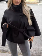 SMVP 2026 New Lace Up High Neck Jackets For Women Belt Faux Wool Blends Cape Coats Autumn Winter Warm Elegant Cloak Coat Ladies